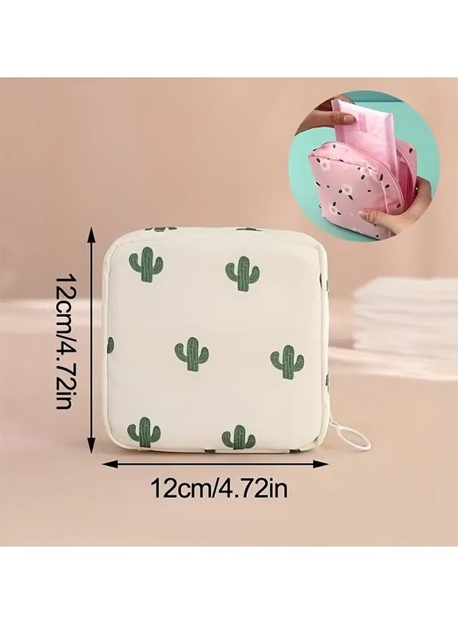YJ 2pc Portable Waterproof Travel Storage Bag - Multi-Purpose Organizer for Sanitary Pads, Lipstick, Mini Cosmetic Bag, and Toiletries, Small Elegant Pouch for Women and Girls,Pink Peach/White Cactus - Image 2